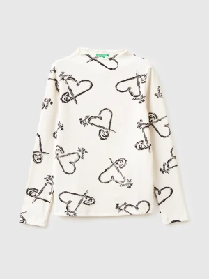 Benetton, White Turtleneck T-shirt With Heart Print, Size: XL, Creamy White, Kids United Colors of Benetton