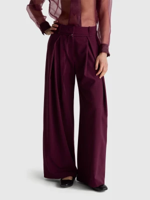 Benetton, Wide Fit Flannel Trousers, Burgundy, Women United Colors of Benetton