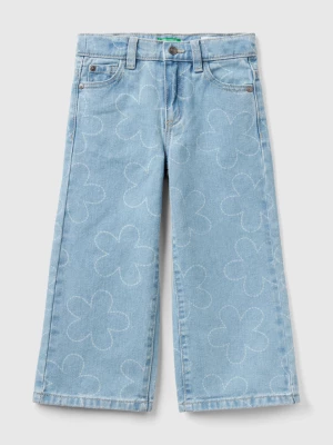 Benetton, Wide Fit Jeans With Flowers, size 104, Sky Blue, Kids United Colors of Benetton
