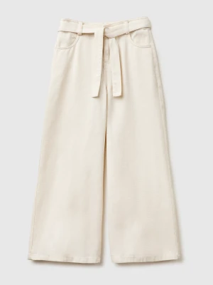 Benetton, Wide Fit Trousers With Sash, Size: XL, Creamy White, Kids United Colors of Benetton
