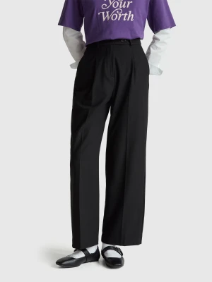 Benetton, Wide Flannel Trousers, Black, Women United Colors of Benetton