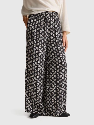 Benetton, Wide Flowy Trousers With Pattern Print, Size: XS, Black, Women United Colors of Benetton