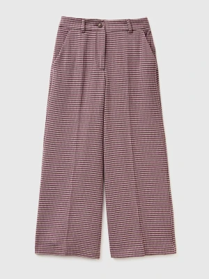 Benetton, Wide Leg Houndstooth Trousers, Pink, Women United Colors of Benetton
