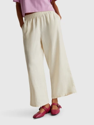 Benetton, Wide Leg Trousers In Pure Linen, Size: S, Creamy White, Women United Colors of Benetton