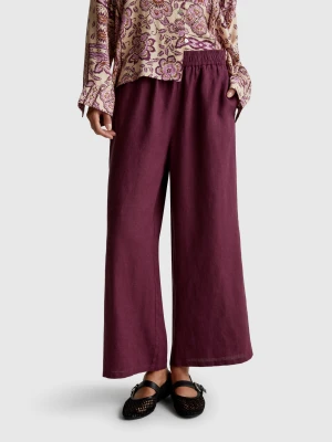 Benetton, Wide Leg Trousers In Pure Linen, Size: S, Plum, Women United Colors of Benetton