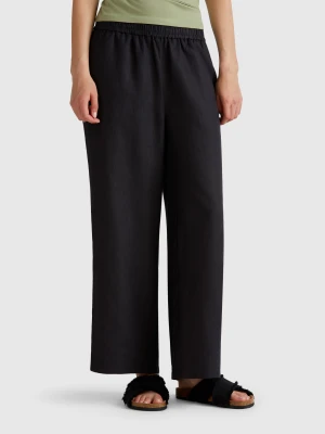 Benetton, Wide Leg Trousers In Pure Linen, size XXS, Black, Women United Colors of Benetton