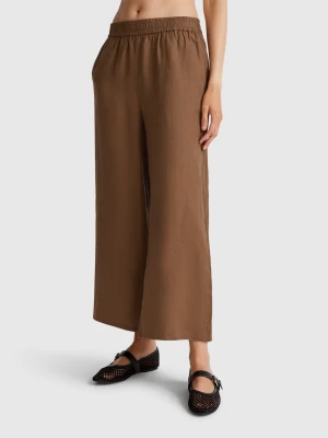 Benetton, Wide Leg Trousers In Pure Linen, size XXS, Brown, Women United Colors of Benetton