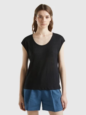 Benetton, Wide Neck T-shirt In Pure Linen, size L, Black, Women United Colors of Benetton