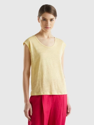 Benetton, Wide Neck T-shirt In Pure Linen, size L, Yellow, Women United Colors of Benetton
