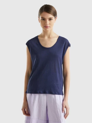 Benetton, Wide Neck T-shirt In Pure Linen, size M, Dark Blue, Women United Colors of Benetton