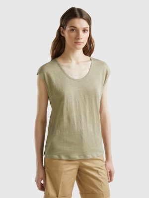 Benetton, Wide Neck T-shirt In Pure Linen, size XL, Light Green, Women United Colors of Benetton