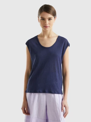 Benetton, Wide Neck T-shirt In Pure Linen, size XS, Dark Blue, Women United Colors of Benetton