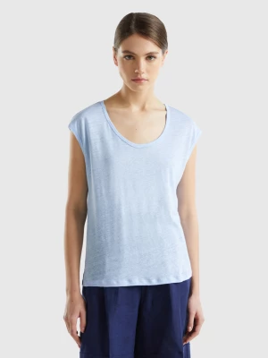 Benetton, Wide Neck T-shirt In Pure Linen, size XS, Sky Blue, Women United Colors of Benetton