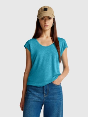 Benetton, Wide Neck T-shirt In Pure Linen, size L, Turquoise, Women United Colors of Benetton