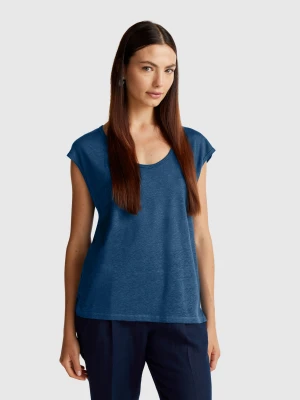 Benetton, Wide Neck T-shirt In Pure Linen, Size: XXS, Air Force Blue, Women United Colors of Benetton