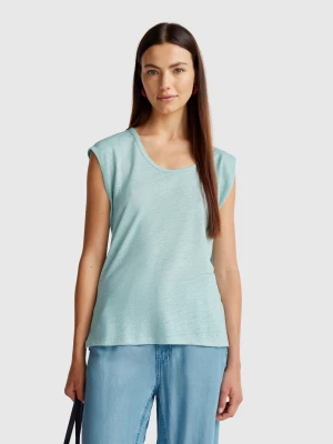 Benetton, Wide Neck T-shirt In Pure Linen, Size: XXS, Aqua, Women United Colors of Benetton