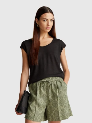 Benetton, Wide Neck T-shirt In Pure Linen, size XXS, Black, Women United Colors of Benetton