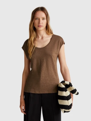 Benetton, Wide Neck T-shirt In Pure Linen, size XS, Brown, Women United Colors of Benetton