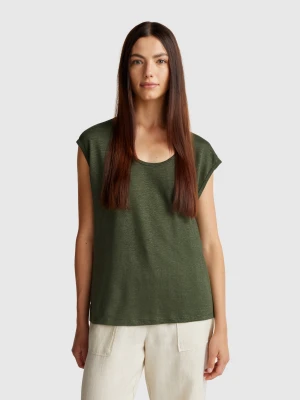 Benetton, Wide Neck T-shirt In Pure Linen, size XXS, Military Green, Women United Colors of Benetton