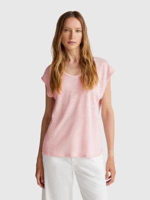 Benetton, Wide Neck T-shirt In Pure Linen, size XXS, Soft Pink, Women United Colors of Benetton
