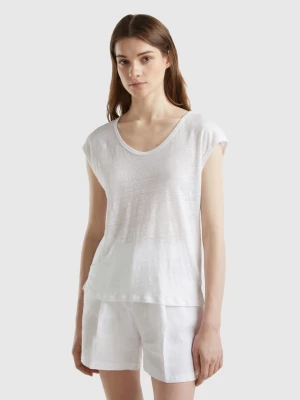 Benetton, Wide Neck T-shirt In Pure Linen, size XXS, White, Women United Colors of Benetton