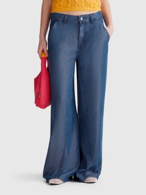 Benetton, Wide Trousers In Chambray, size 34, Blue, Women United Colors of Benetton