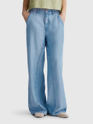 Benetton, Wide Trousers In Chambray, size 34, Light Blue, Women United Colors of Benetton