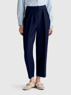 Benetton, Wide Trousers In Linen Blend, size , Dark Blue, Women United Colors of Benetton