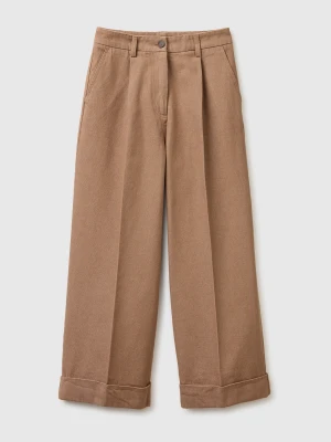 Benetton, Wide Trousers With Cuffs, Camel, Women United Colors of Benetton