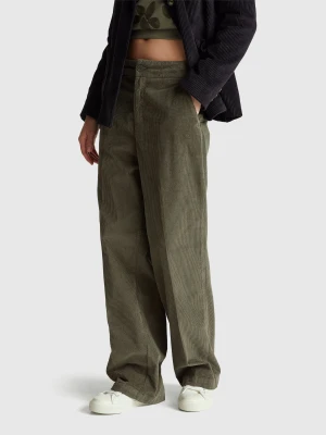 Benetton, Wide Velvet Pants, Military Green, Women United Colors of Benetton