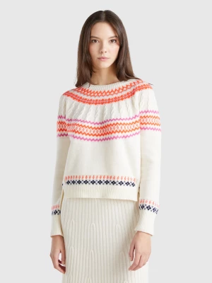 Benetton, Wool Blend Jacquard Sweater, size XL, Creamy White, Women United Colors of Benetton