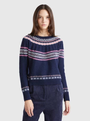 Benetton, Wool Blend Jacquard Sweater, size XL, Dark Blue, Women United Colors of Benetton