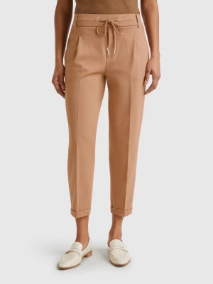 Benetton, Yarn-dyed Trousers With Drawstring, size XL, Camel, Women United Colors of Benetton
