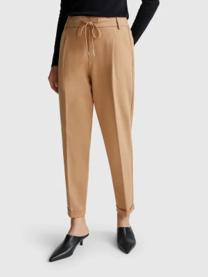 Benetton, Yarn Dyed Trousers With Drawstring, Size: XL, Camel, Women United Colors of Benetton