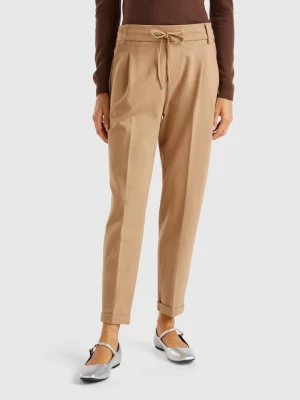 Benetton, Yarn Dyed Trousers With Drawstring, size XS, Camel, Women United Colors of Benetton