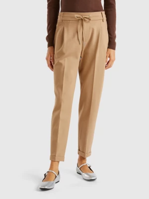 Benetton, Yarn Dyed Trousers With Drawstring, size XXS, Camel, Women United Colors of Benetton