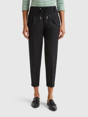 Benetton, Yarn-dyed Trousers With Drawstring, size XXS, Black, Women United Colors of Benetton