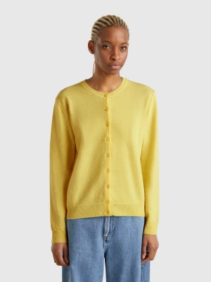 Benetton, Yellow Crew Neck Cardigan In Pure Merino Wool, size XS, Yellow, Women United Colors of Benetton