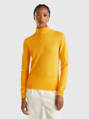 Benetton, Yellow Ochre Turtleneck Sweater In Pure Merino Wool, size L, Mustard, Women United Colors of Benetton