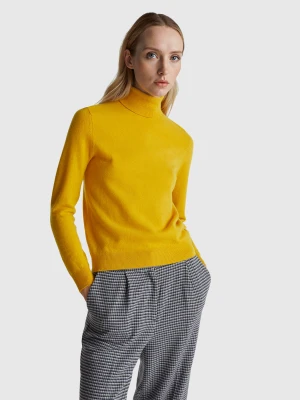 Benetton, Yellow Ochre Turtleneck Sweater In Pure Merino Wool, Size: XXS, Mustard, Women United Colors of Benetton
