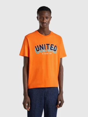 Benetton, Orange Cotton T-shirt With Dark Blue Logo, size XS, Orange, Men United Colors of Benetton
