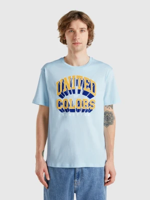 Benetton, Light Blue Cotton T-shirt With Yellow Logo, size XS, Turquoise, Men United Colors of Benetton