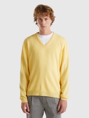 Benetton, Yellow V-neck Sweater In Pure Merino Wool, size L, Yellow, Men United Colors of Benetton