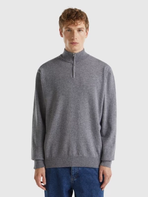 Benetton, Zip-up Sweater In 100% Merino Wool, size S, Dark Gray, Men United Colors of Benetton