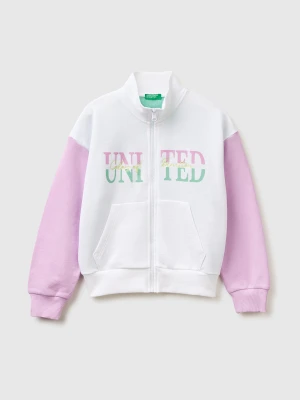 Benetton, Zip-up Sweatshirt With Print, Size: XL, White, Kids United Colors of Benetton
