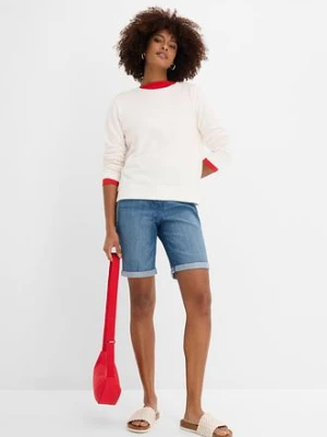 Bermudy jeansowe mid waist, z haftem i wygodnym pasem bonprix