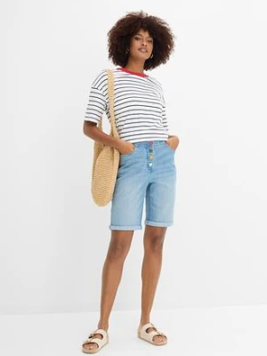 Bermudy jeansowe mid waist, z haftem i wygodnym pasem bonprix