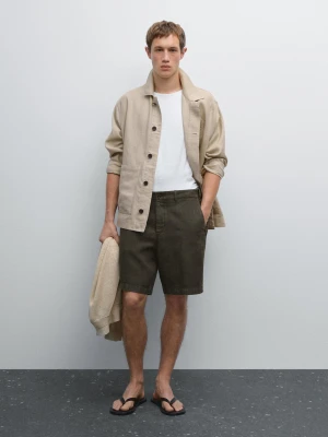 Bermudy Ze 100% Lnu - Ciemny Khaki - - Massimo Dutti - Mężczyzna