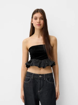 Bershka Aksamitny Top Bandeau Kobieta Czarny