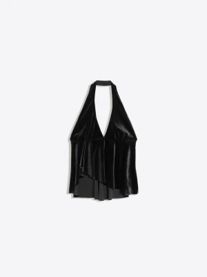 Bershka Aksamitny Top Halter Kobieta Czarny